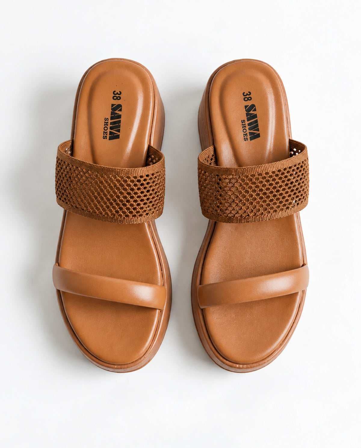 Top view of B48 BR pair with padded tan footbed and SAWA logo