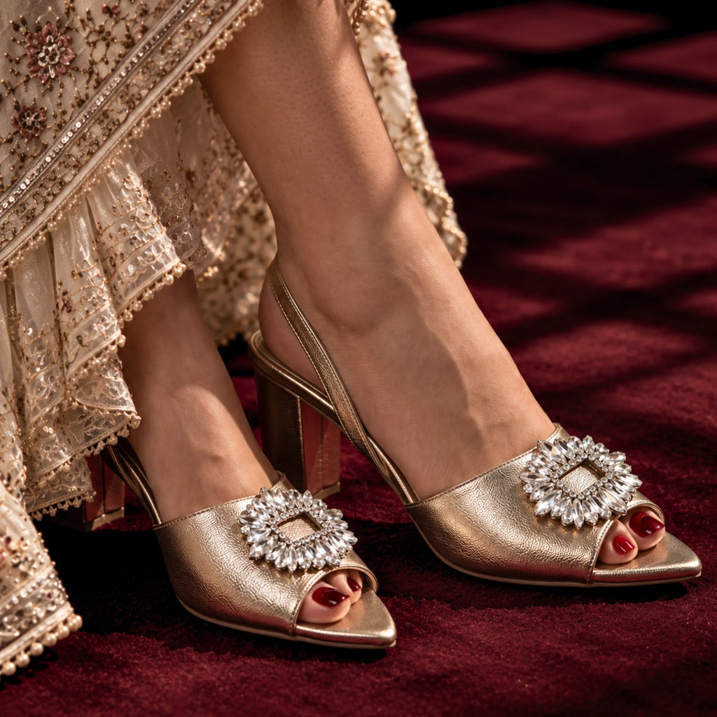 B504 gold block heels for shaadi and mehndi – front view of the pair | Sawa.pk