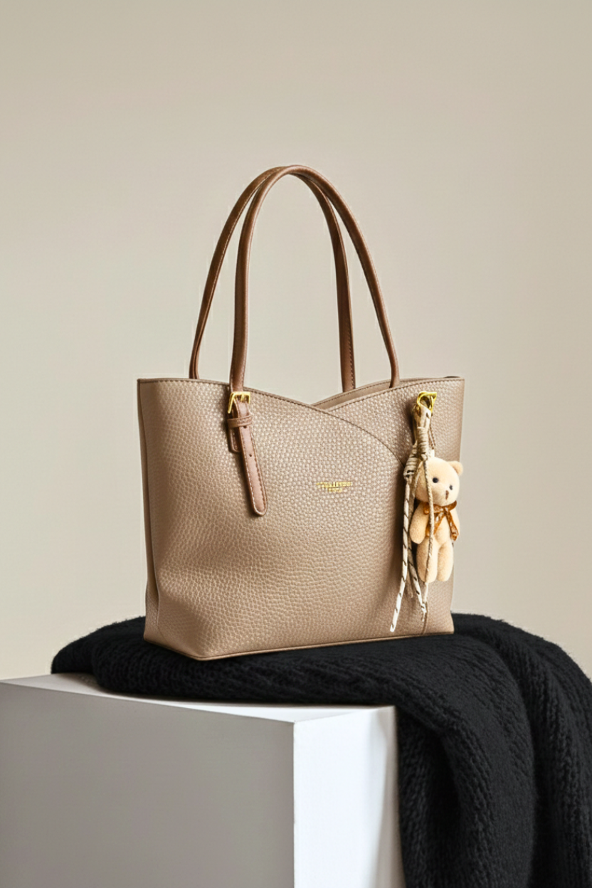 Beige handbag with a teddy bear keychain on a black surface against a beige background