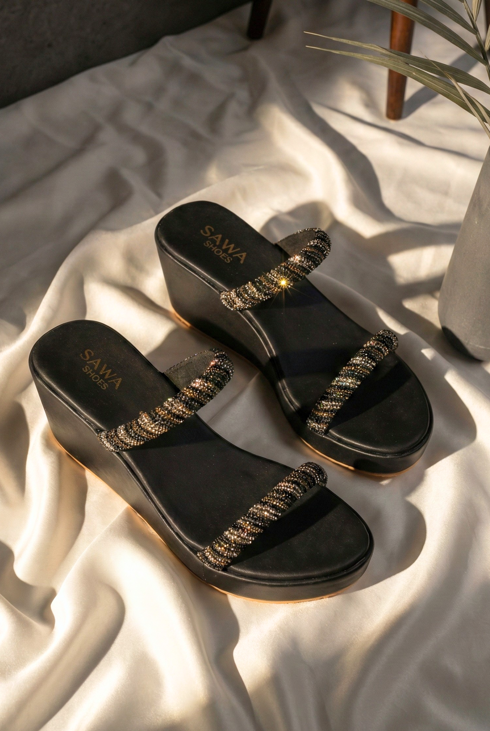 Sawa.pk black embellished wedges with price 2490 and Bold Black and Beautiful for women's footwear collection