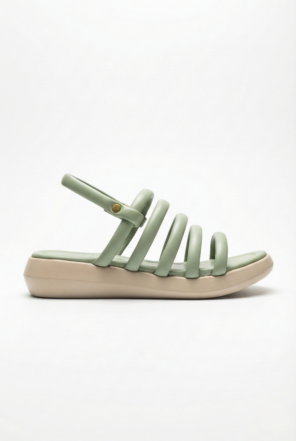 Side view of ladies sage green puffy strap sandals with beige flatform sole on white background.