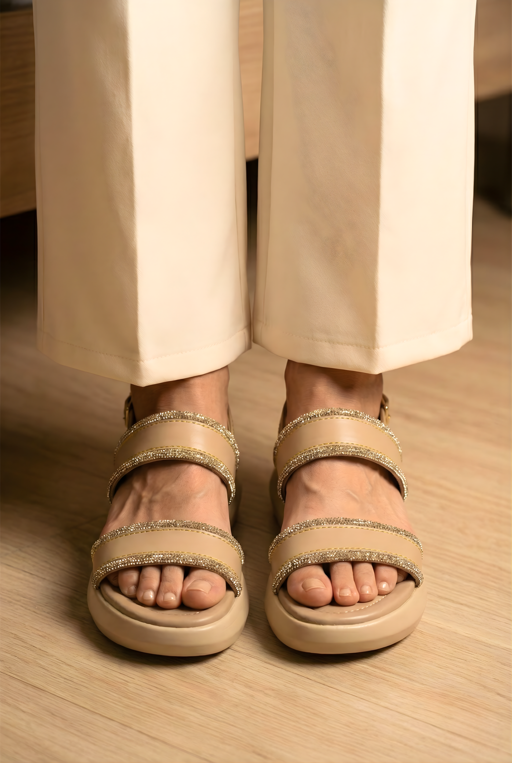 Beige ladies platform sandals Pakistan with adjustable back strap and shimmer detail