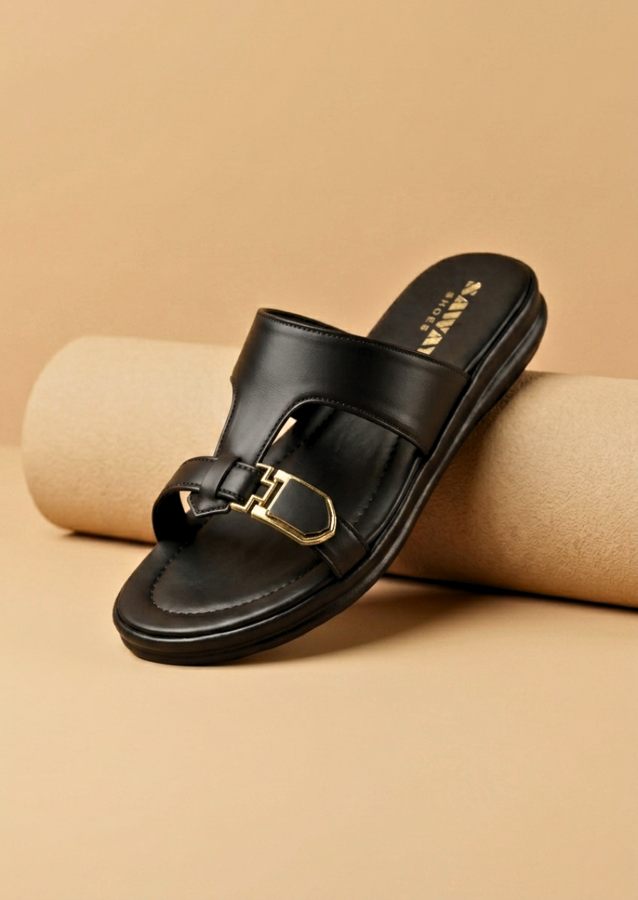 stylish black flat sandals for women with a luxury gold buckle accent.