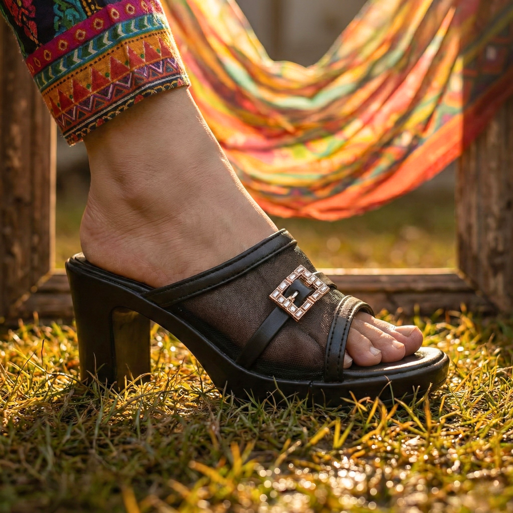 Elegant black mesh mules with crystal-encrusted hardware and a sturdy block heel, perfect for festive and formal party wear in Pakistan