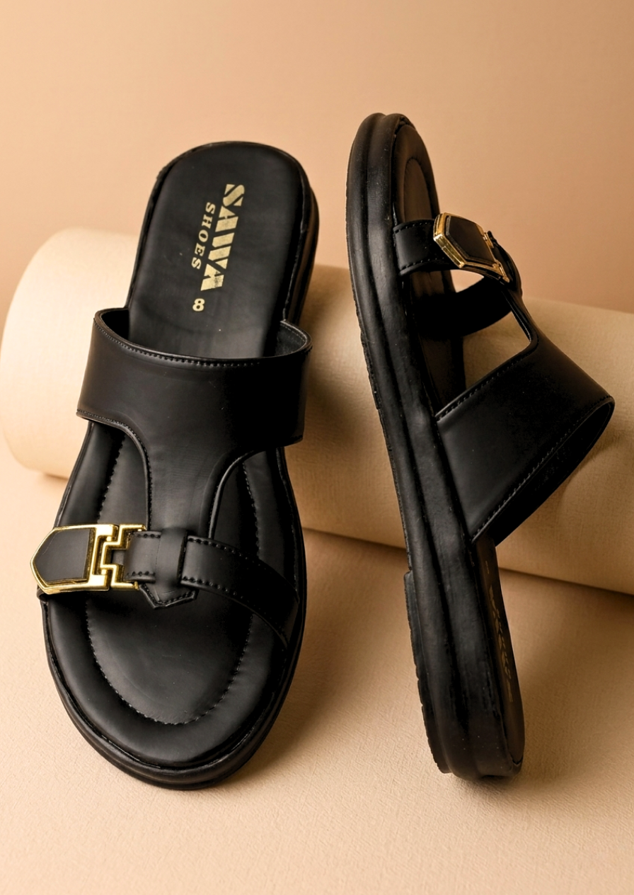 women's gold buckle slides in matte black synthetic leather