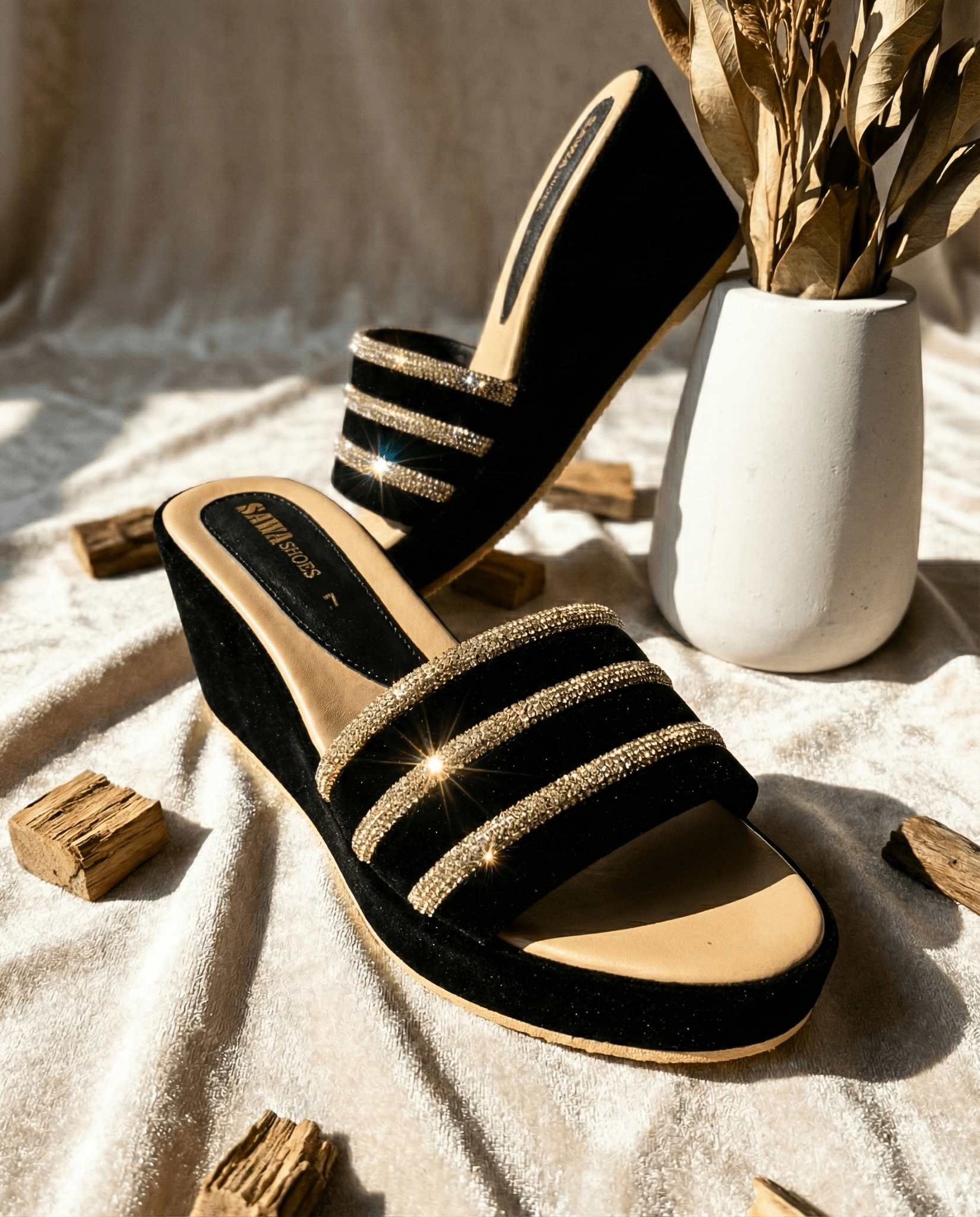 SPARKLING BLACK WEDGES 727 Bk - Sawa.pkWomen footwear shoes affordable
