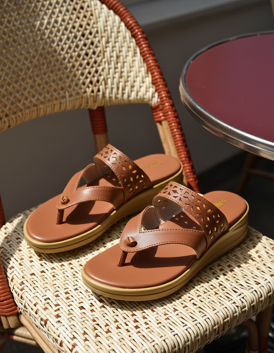 Sawa Medicated Cognac Sandals: Laser-cut dual-strap platform slides on a wicker chair
