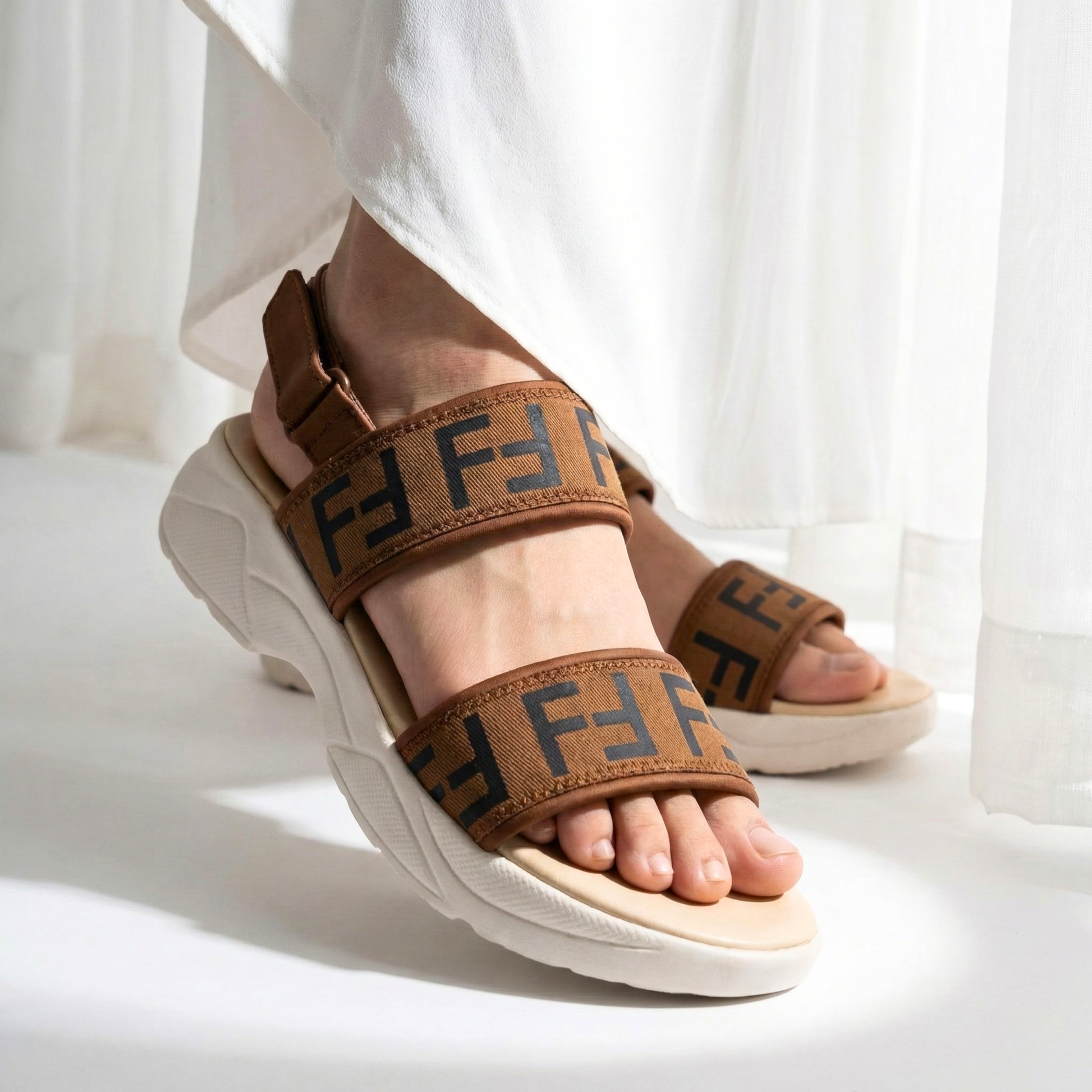 Pair-of-women-sporty-logo-sandals-styled-with-white-maxi-skirt