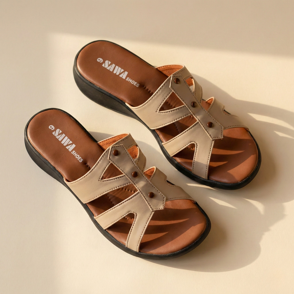 Light tan women's comfort slide sandals with laser-cut straps and a black wedge heel.