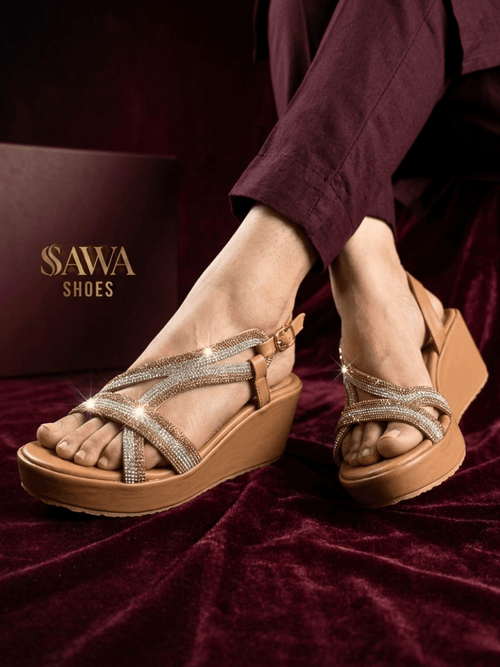 Crystal Embellished Camel Wedges 764 G - Sawa.pkWomen footwear shoes affordable