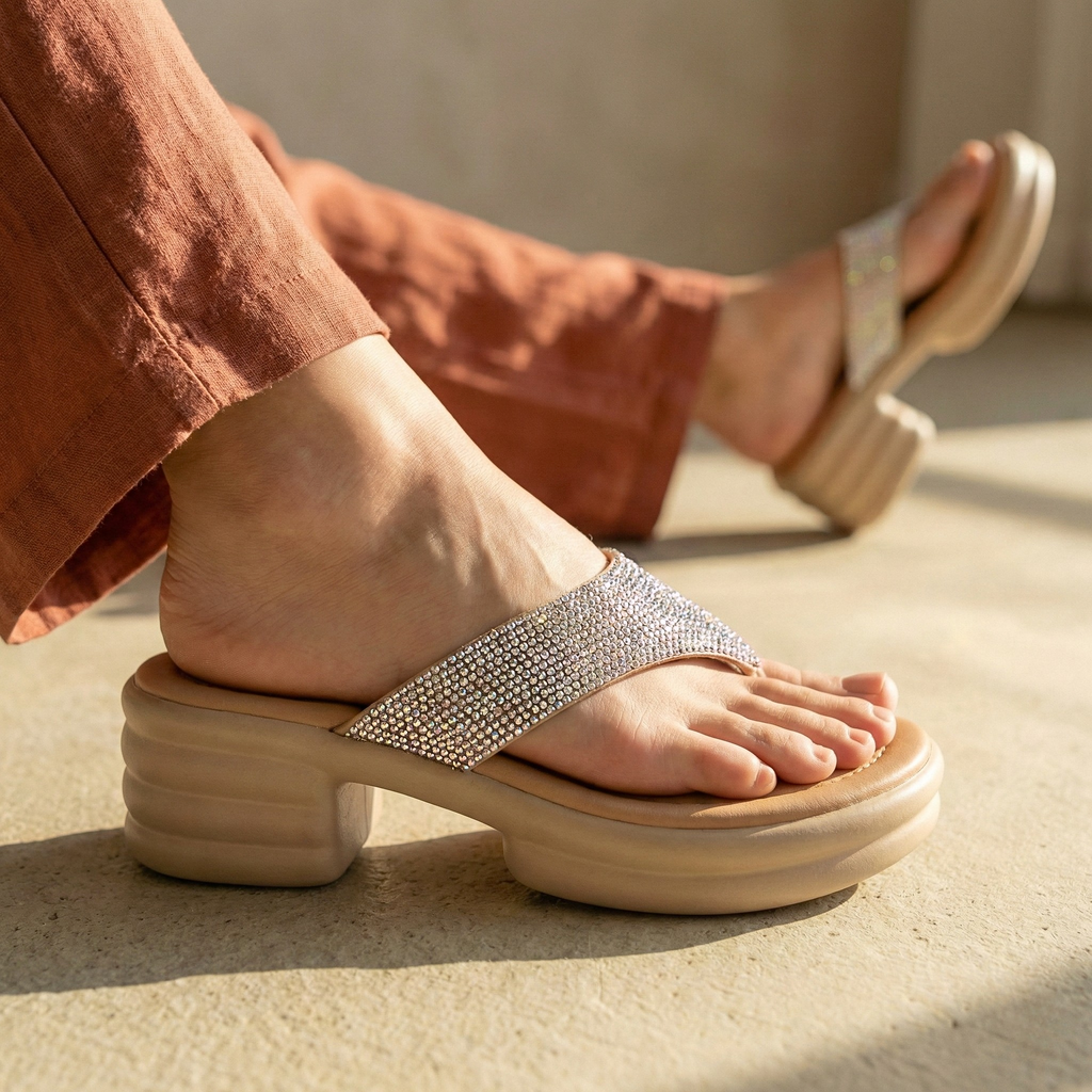 rendy women's champagne-nude "softy" platform sandals paired with a Pakistani ethnic outfit.