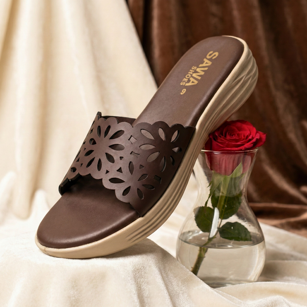 Premium Sawa Shoes cocoa comfort slides with metallic gold branding and intricate floral laser-cut detailing