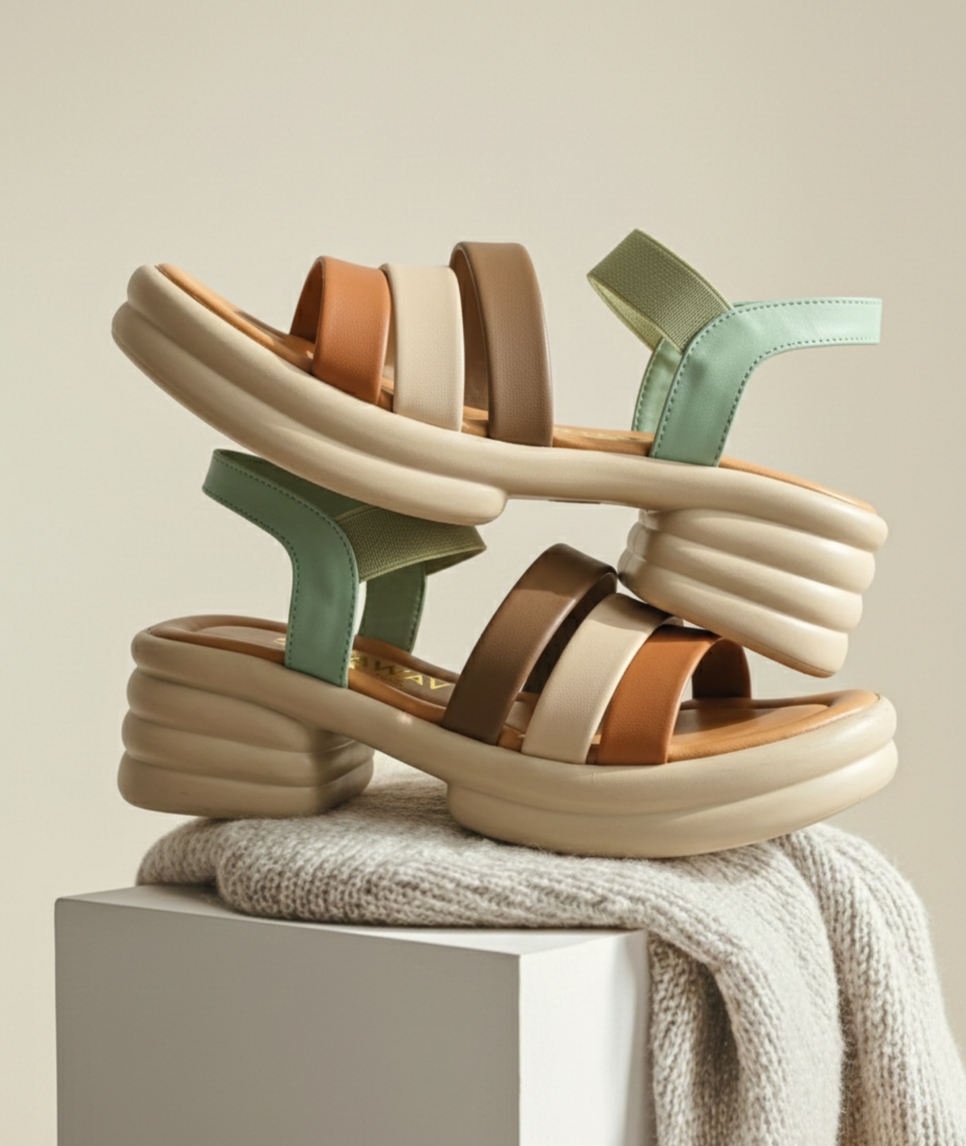 Two pairs of colorful chunky sandals stacked on a white pedestal with text "Chunky Colorful Comfort" and price 2590