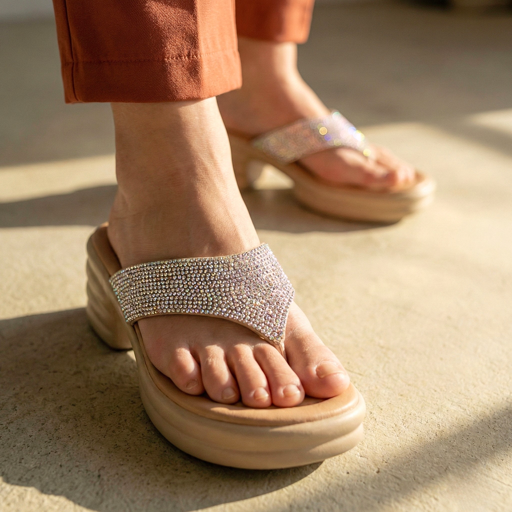 Close-up of Champagne Cloud Walk sandals featuring sparkling crystal-encrusted straps and a padded footbed.