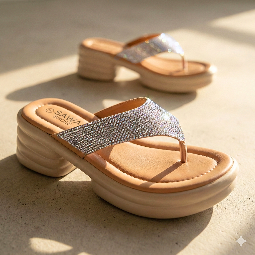 Side view of SAWA Shoes champagne platform sandals showing the thick, lightweight cushioned cloud sole.