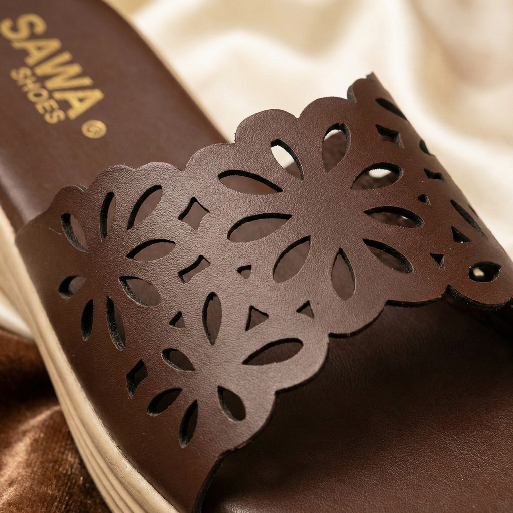 Premium Sawa Shoes cocoa comfort slides with metallic gold branding and intricate floral laser-cut detailing