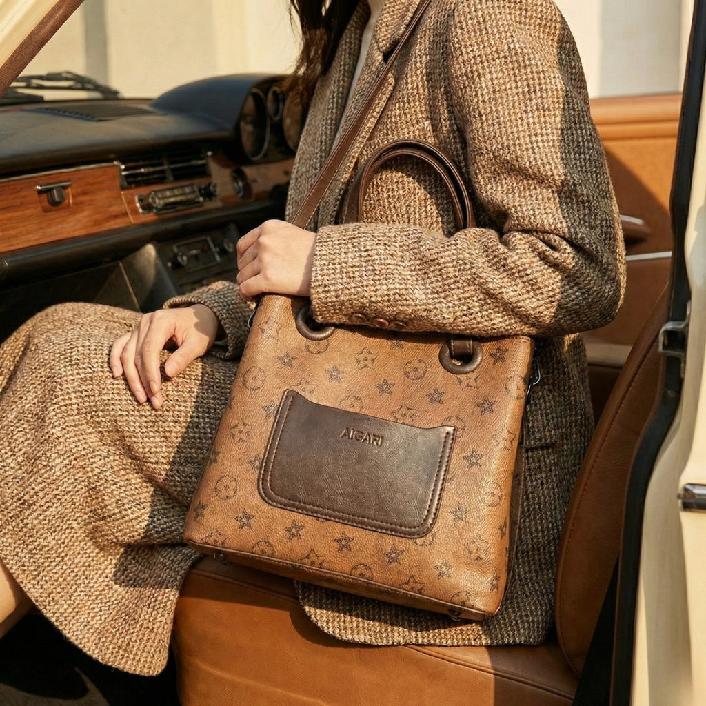 Woman in a tweed blazer carrying a vintage monogram satchel bag as a shoulder bag
