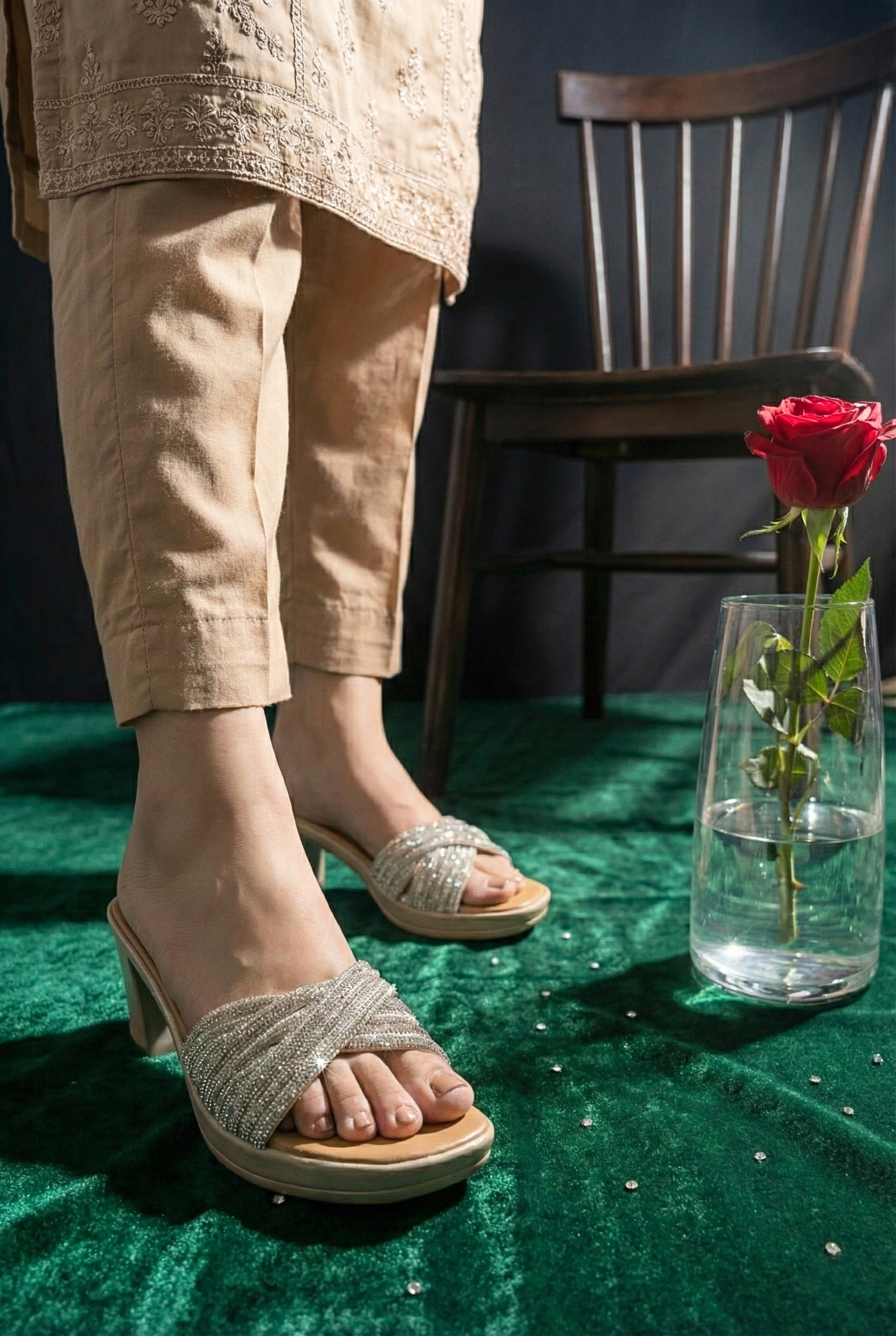 Sparkling silver block heel sandals for women - Sawa Shoes