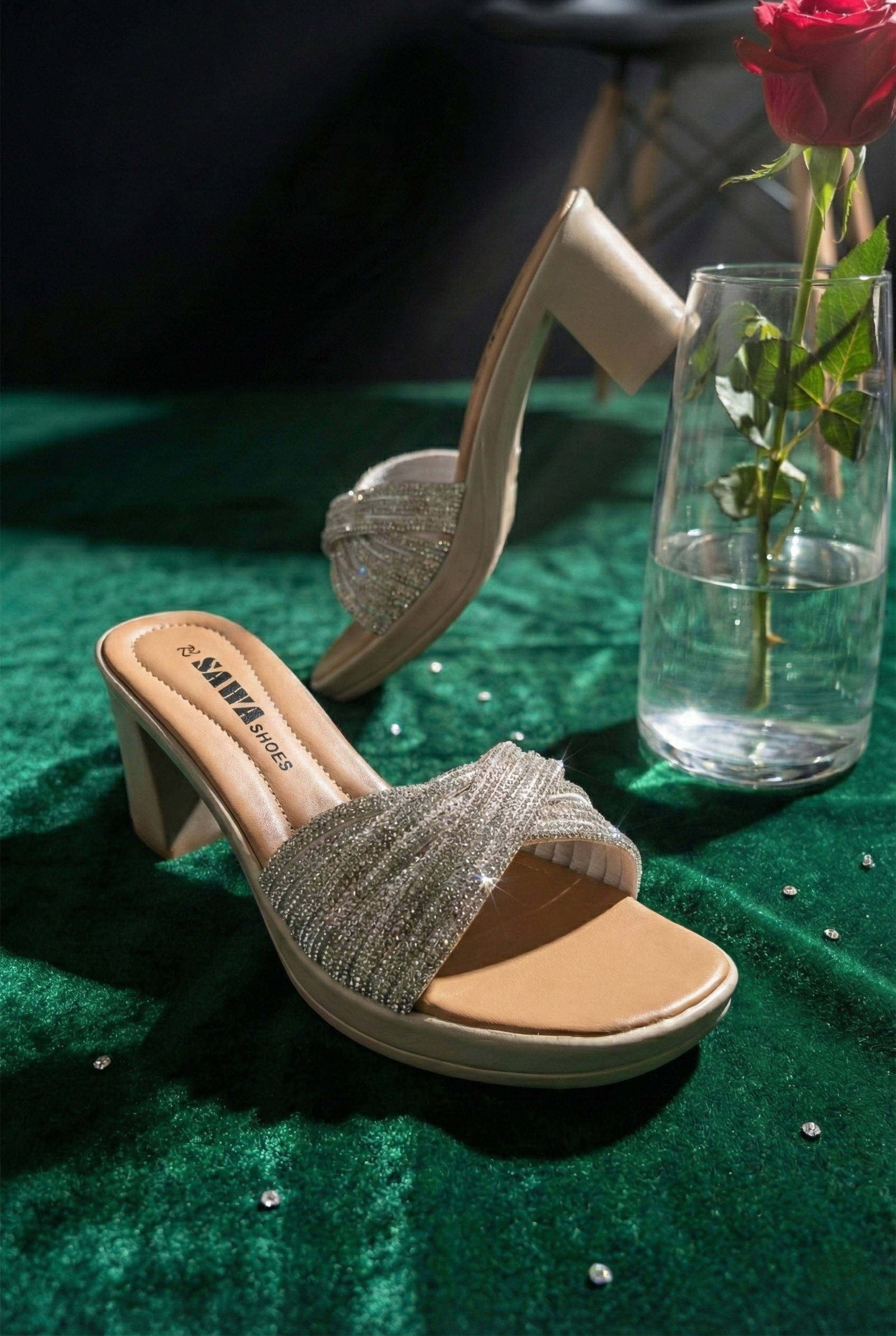 Sparkling silver block heel sandals for women - Sawa Shoes