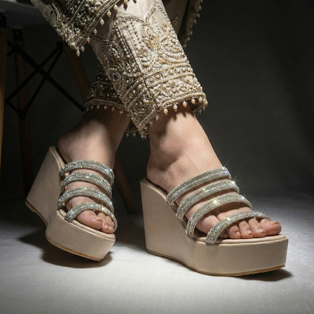 Silver platform wedges with rhinestone straps for Pakistani weddings.