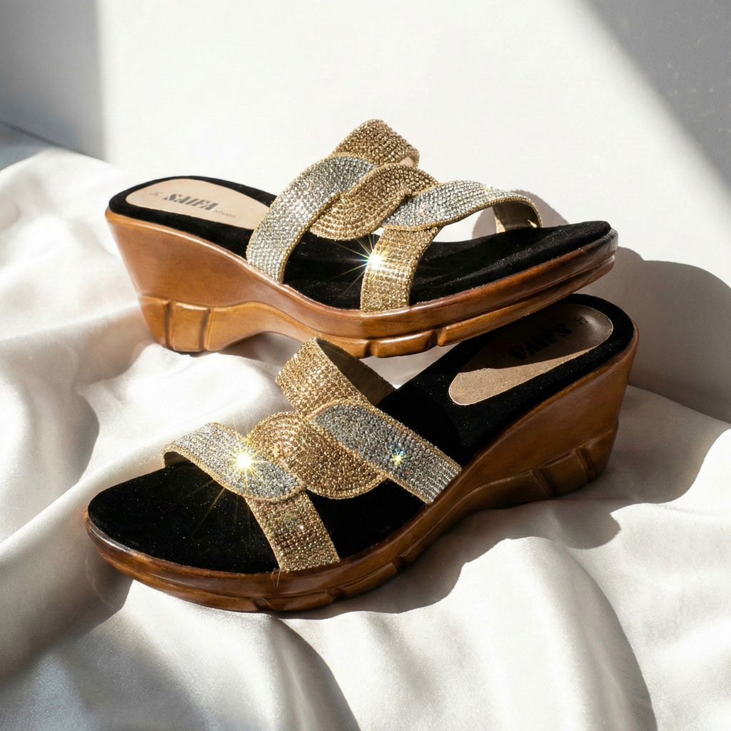 Gold and silver stone-embellished party wear wedges for women with wooden-finish sole by sawa.pk