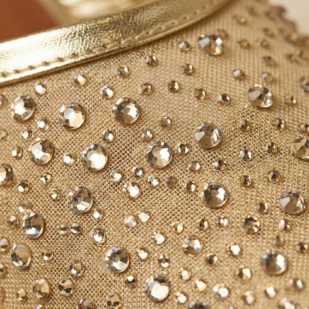 Sawa Shoes gold pointed-toe mules with shimmering rhinestone embellishments and a clear glass heel displayed on a dark rock with a pink rose.