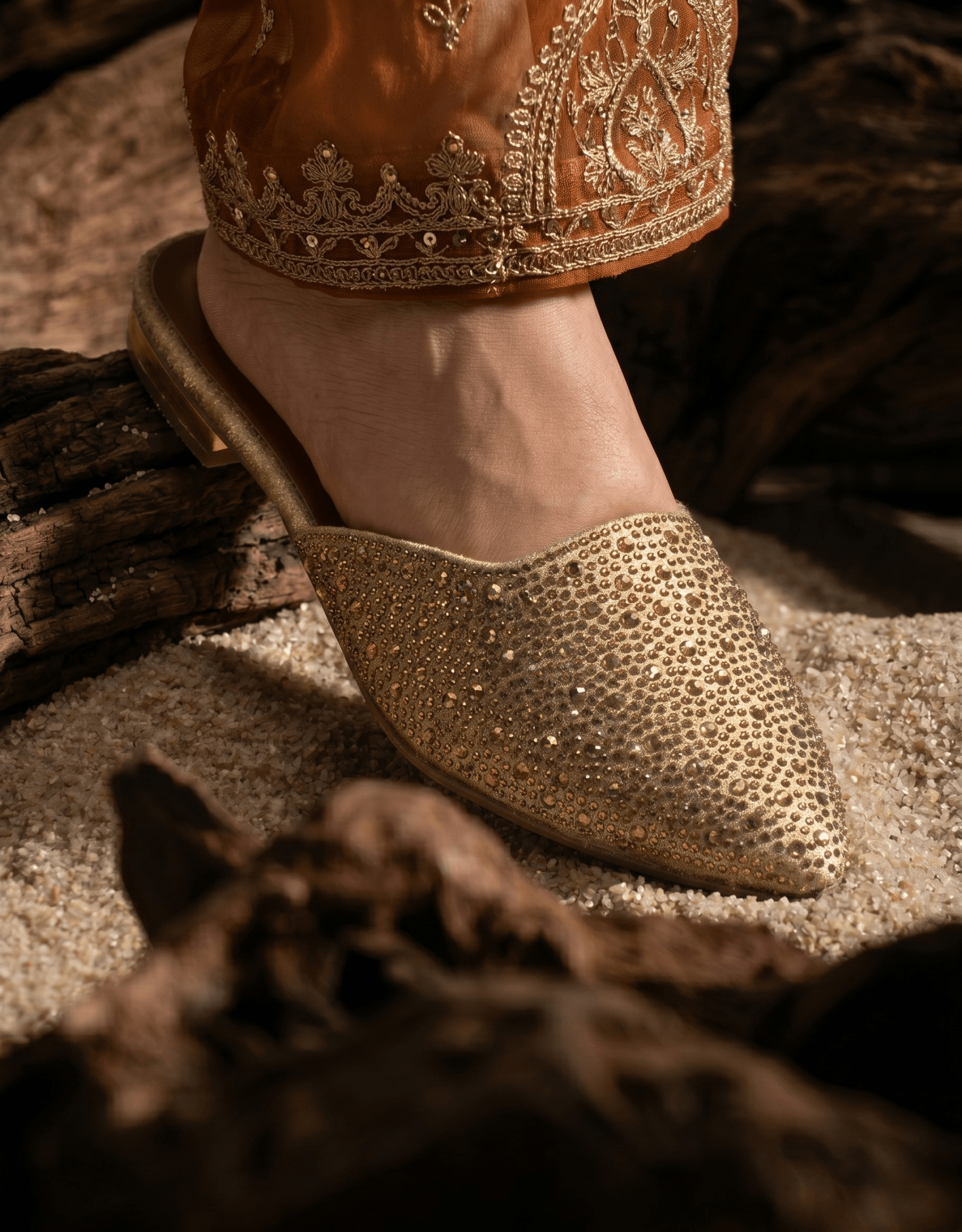 Gilded Rhinestone Pointed Mules 639 G - Sawa.pkWomen footwear shoes affordable