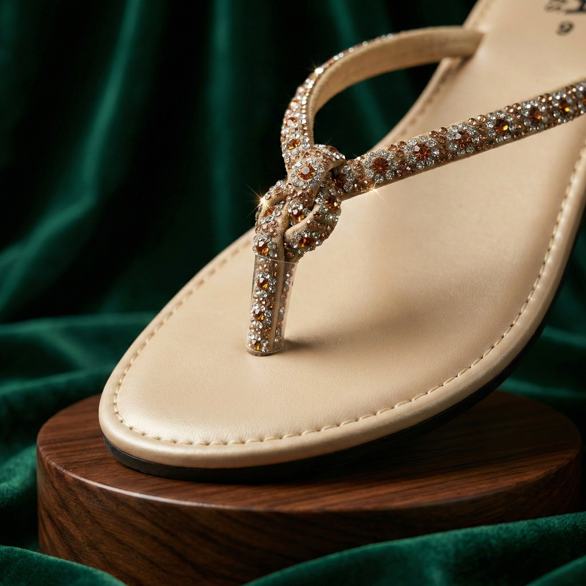Close-up of golden stone work on nude T-strap sandals for women, festive Eid collection footwear by Sawa Shoes