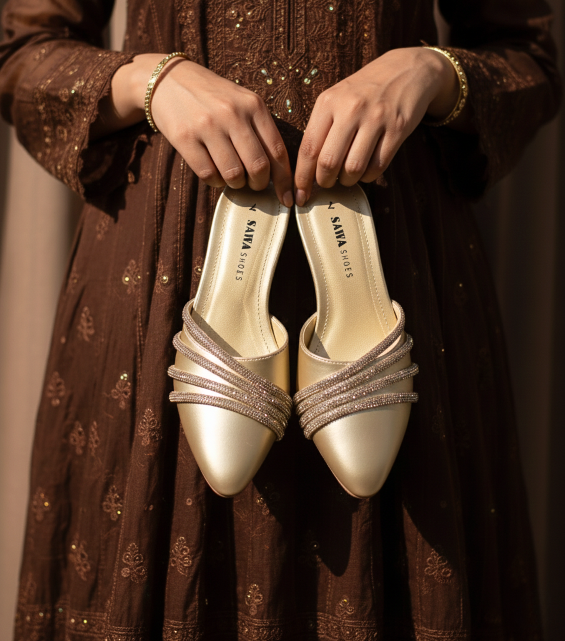 Sawa Gold Shimmer Mules with rhinestone-embellished straps and pointed toe, elegant wedding footwear for women in Pakistan