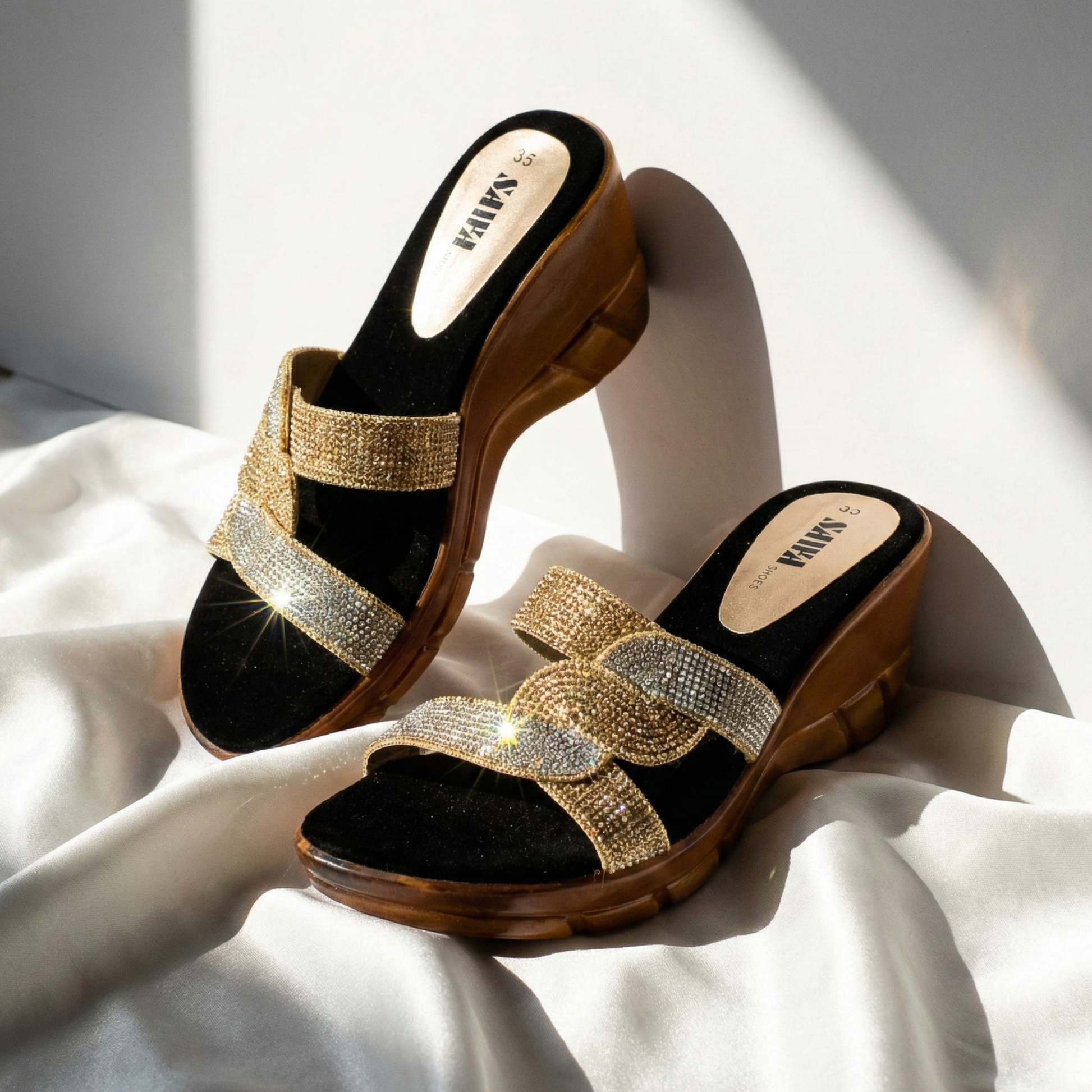 Gold and silver stone-embellished party wear wedges for women with wooden-finish sole by sawa.pk