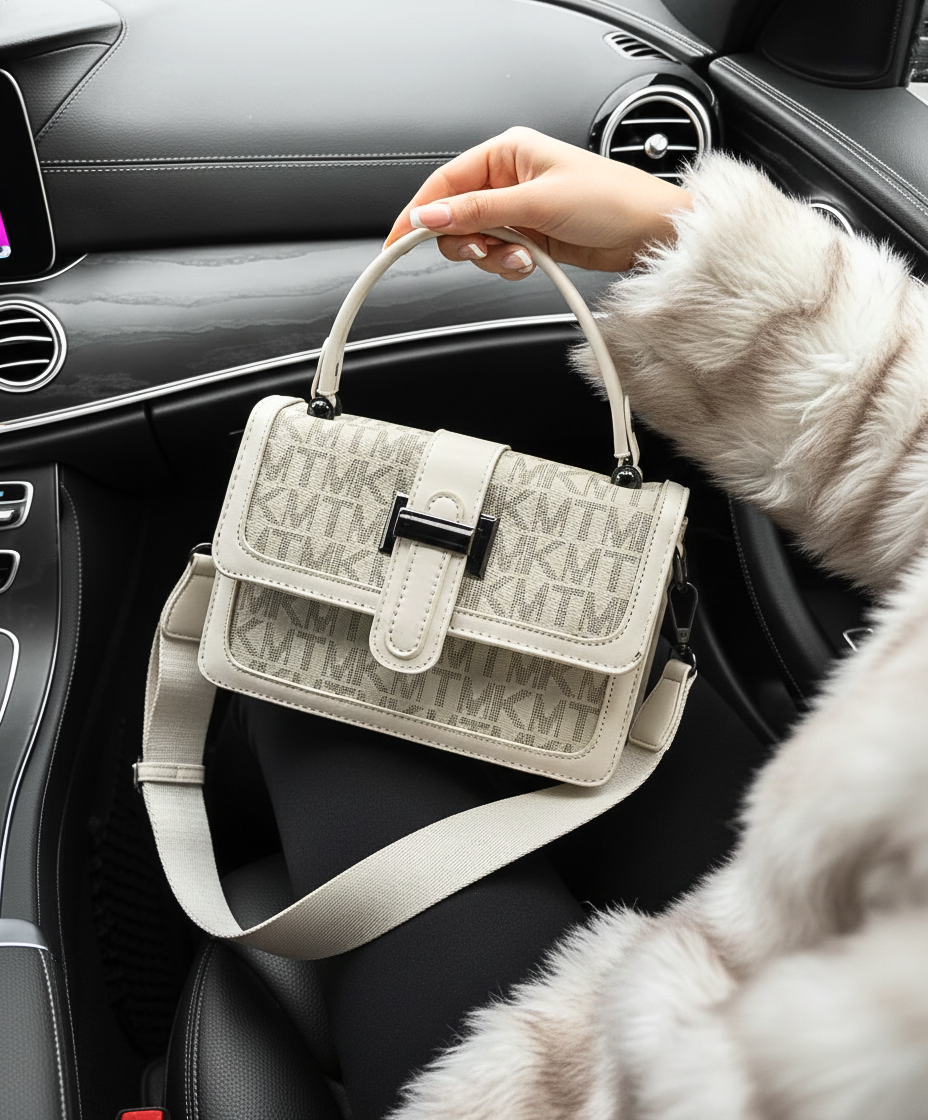 Person holding a beige handbag with a brand logo inside a car.