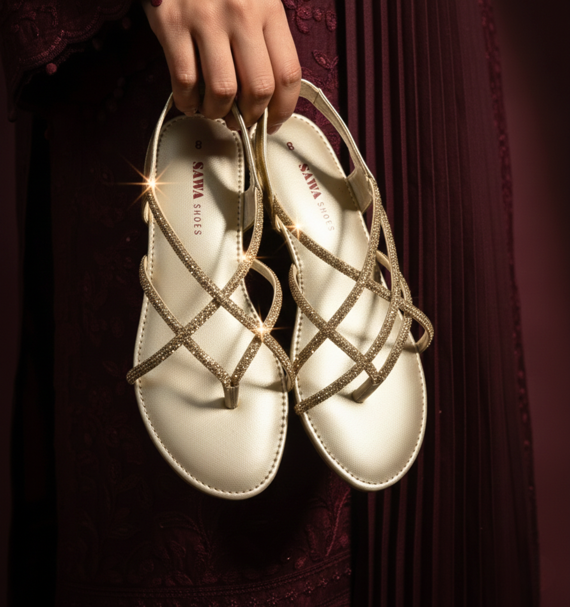 Close-up of sparkling gold sequence straps on Sawa brand wedding flats for women.