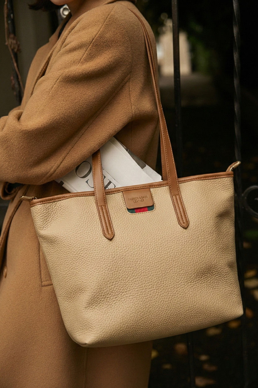 Close-up of pebbled leather texture and "Fashion & Bags Leather" logo patch with green and red stripe detail