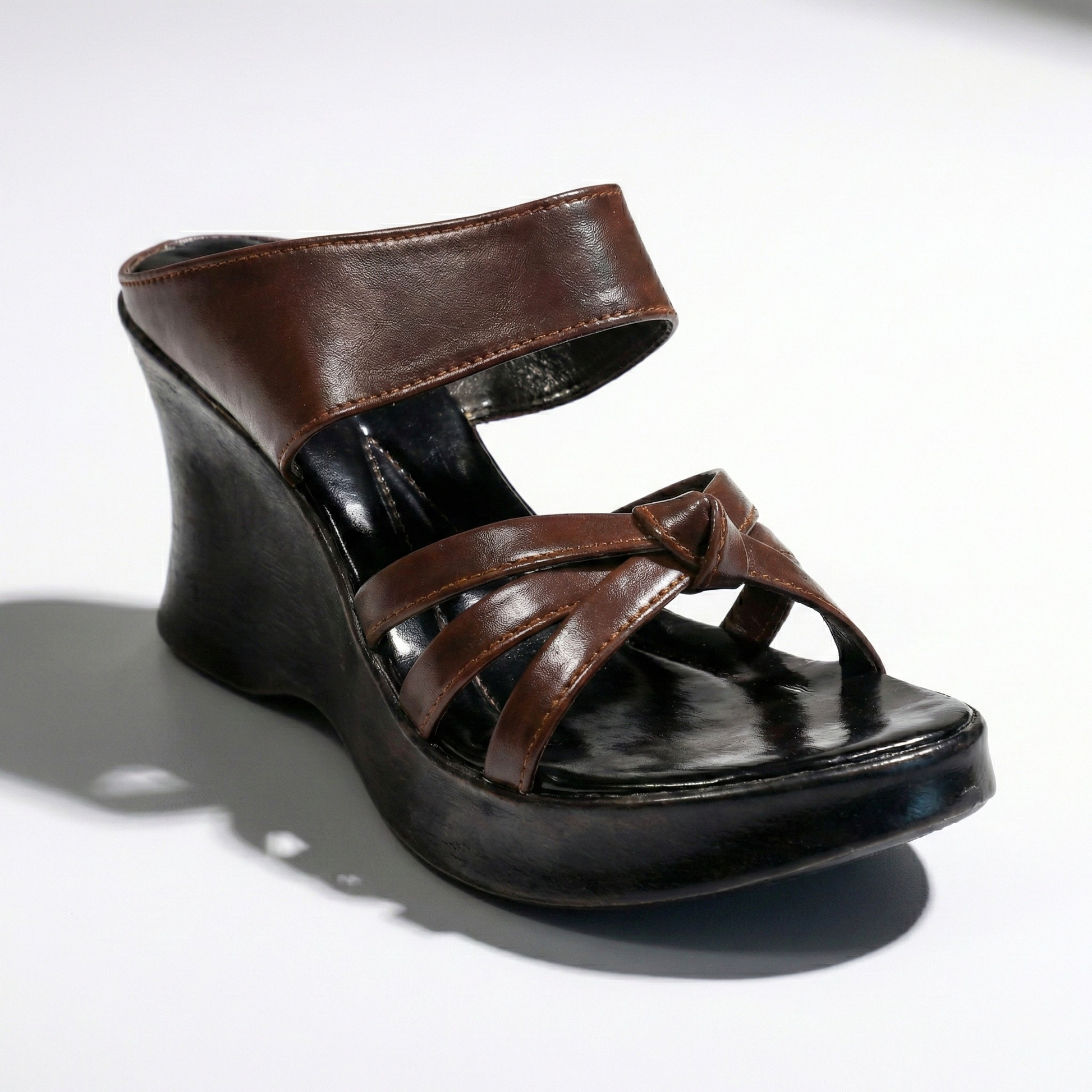 Premium mahogany brown knotted wedge sandals for ladies, comfortable high-platform heels for formal and casual wear in Pakistan