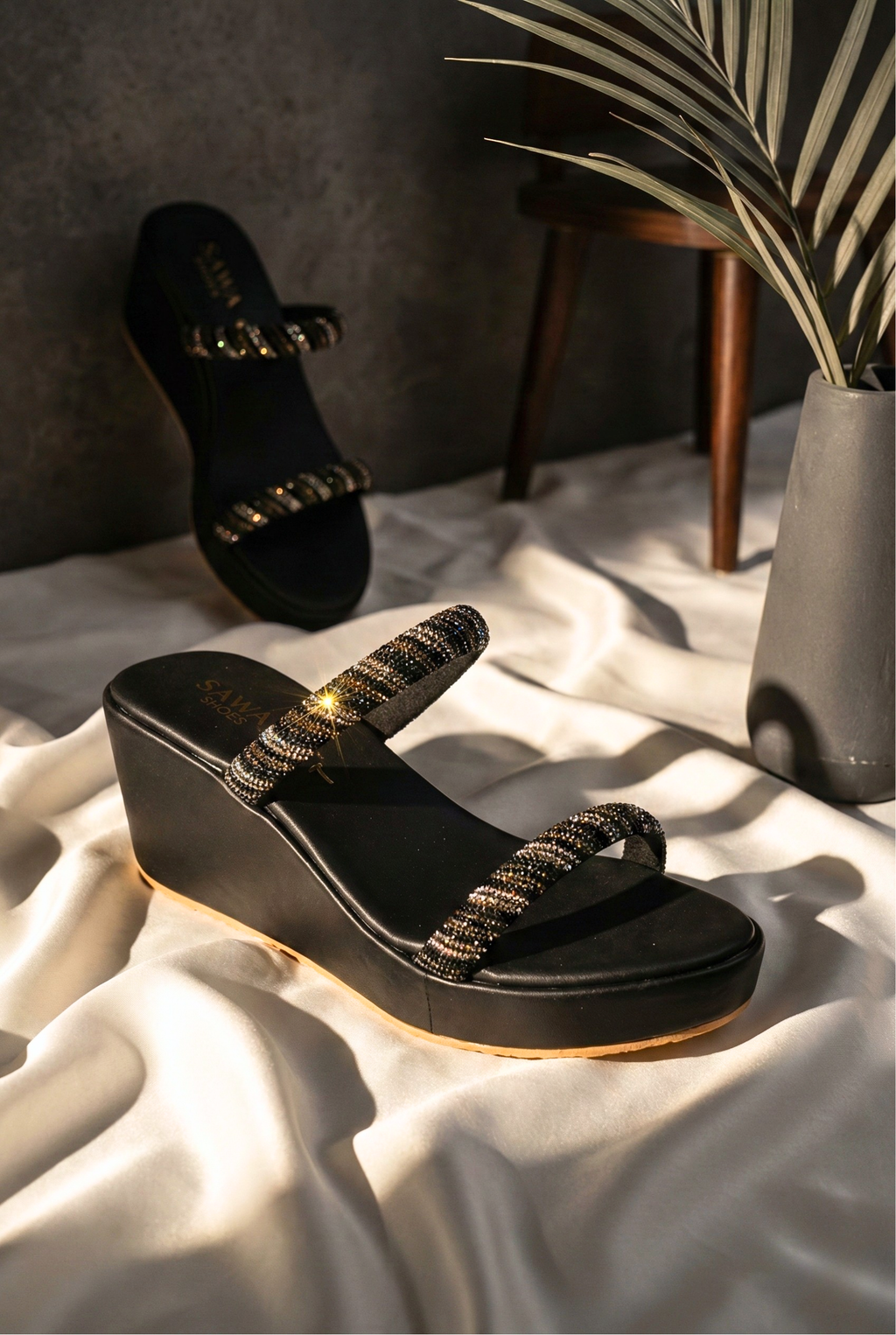 Sawa.pk black embellished wedges with price 2490 and Bold Black and Beautiful for women's footwear collection
