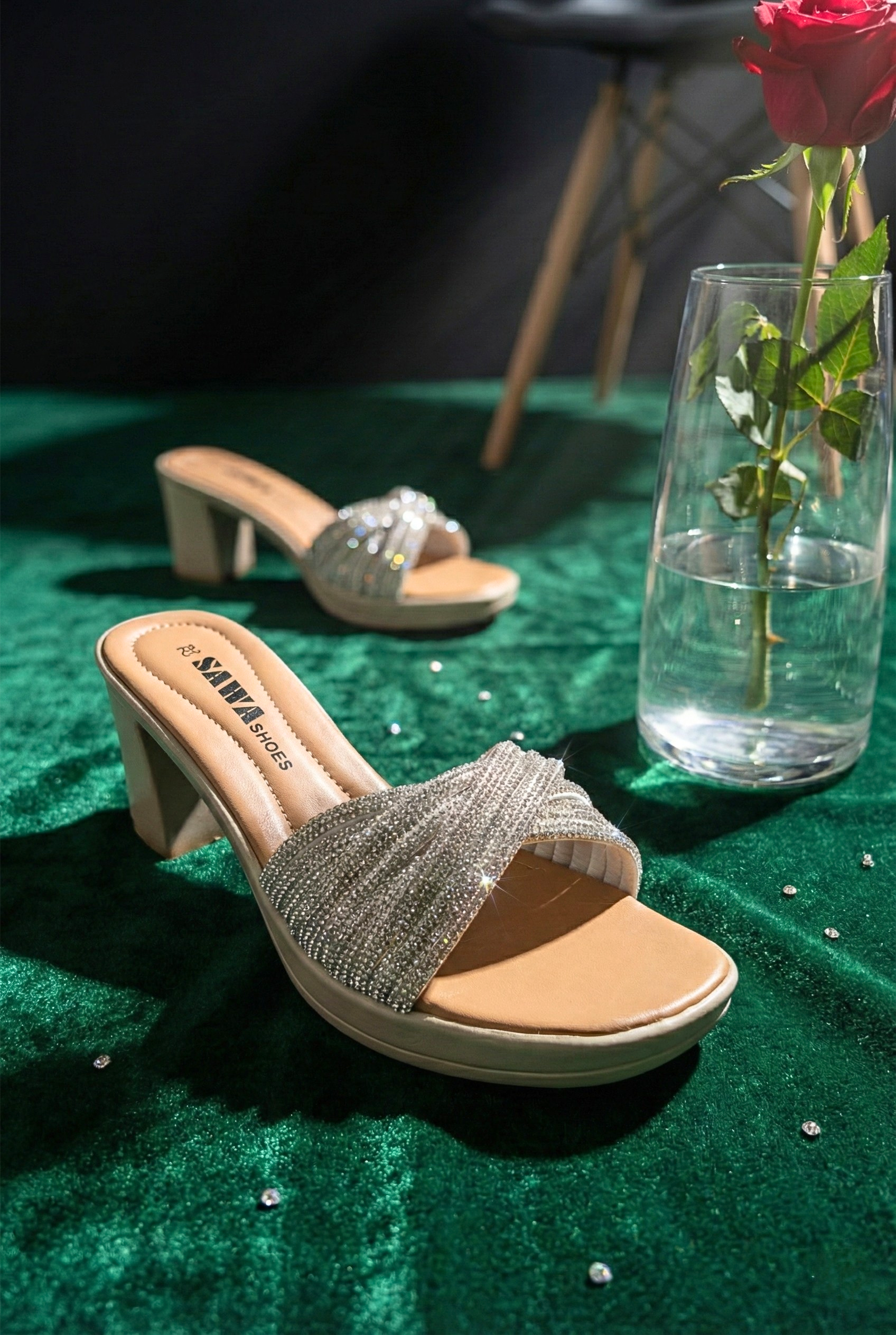 Sparkling silver block heel sandals for women - Sawa Shoes