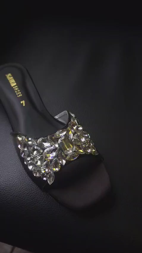 Black Satin Jewel Slides 613 BK