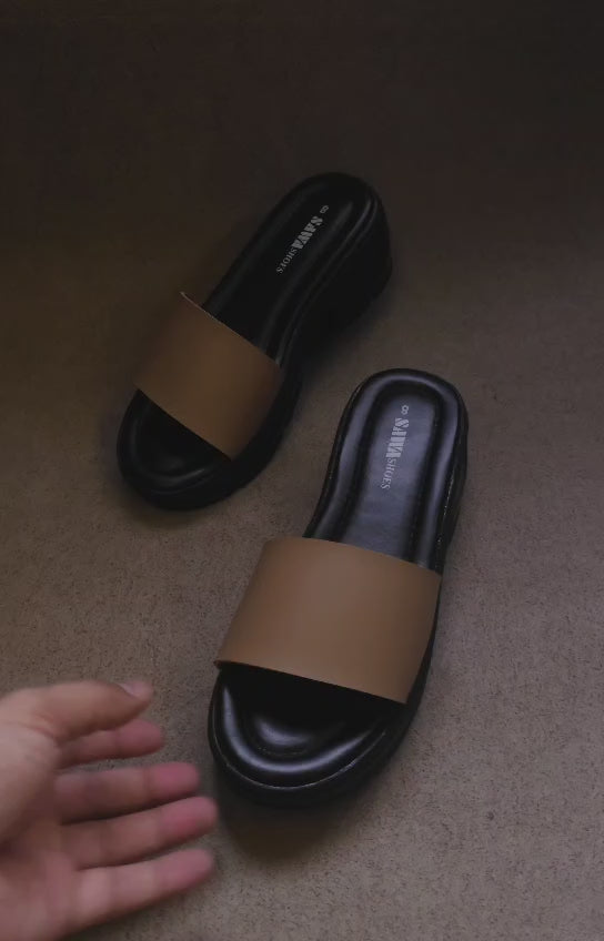 Beige Wide Strap Platform Slides W785 BG
