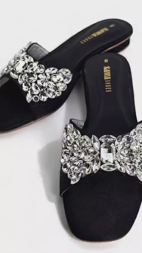 Black Satin Jewel Slides 613 BK