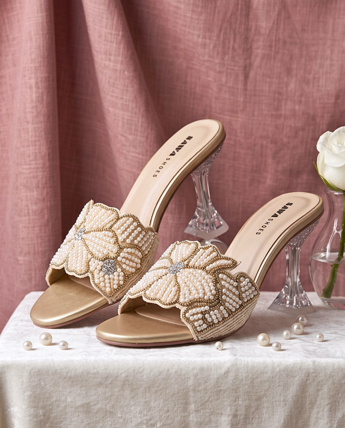 Pearl Floral Crystal Flare Heels 6000 F