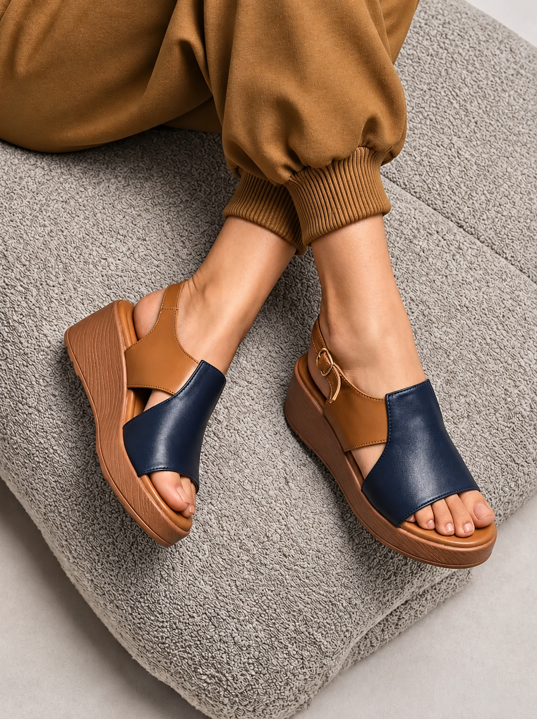 Navy & Tan Wedge Sandals B77 bl