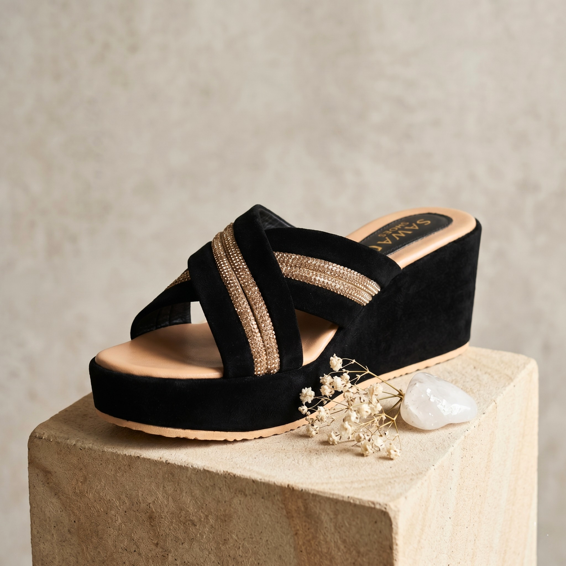 BLACK FANCY WEDGES 717 BK