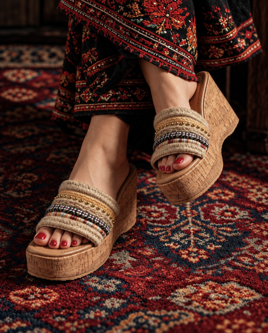Embellished cork wedge sandals W703J