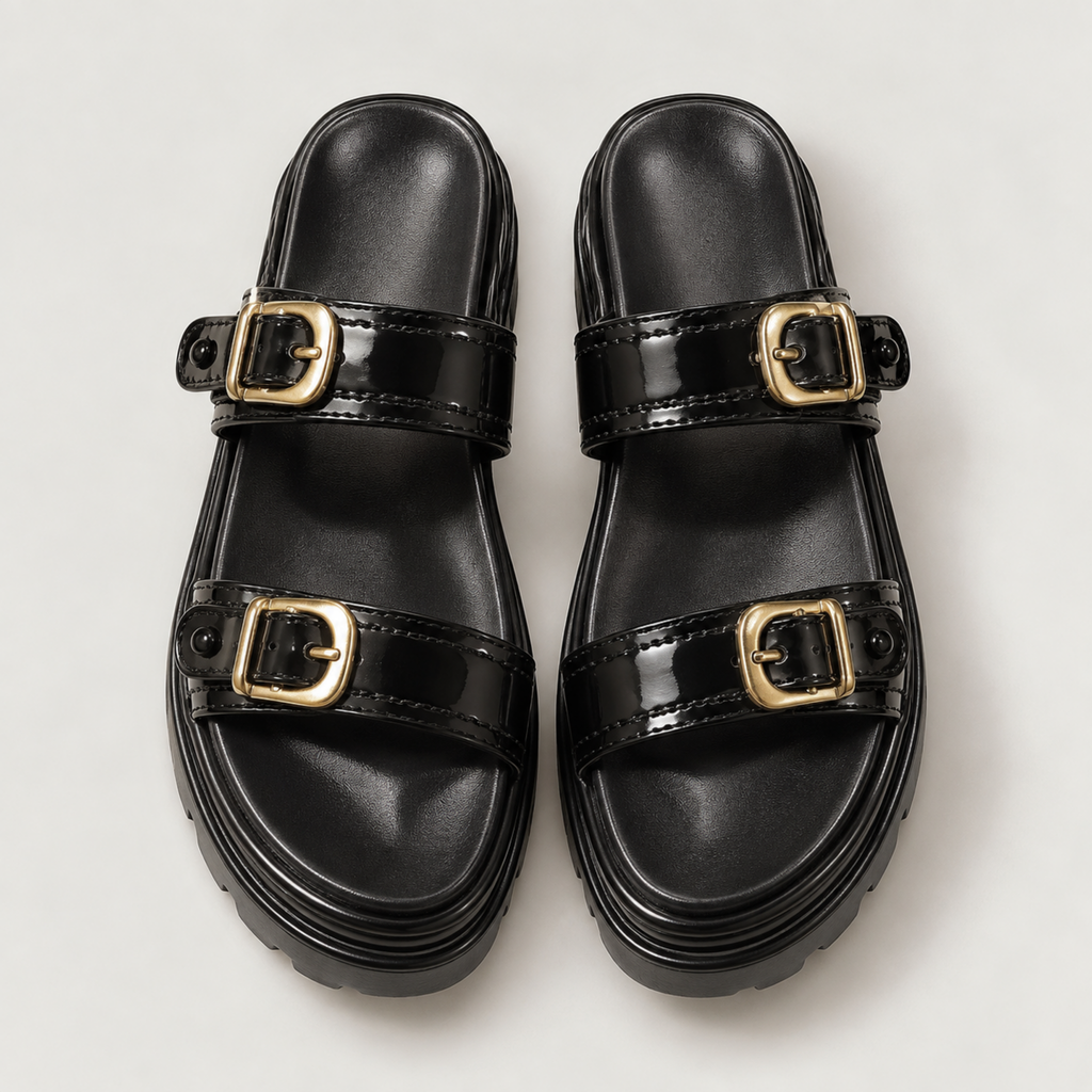 Black Buckle Comfort Slides Sft451