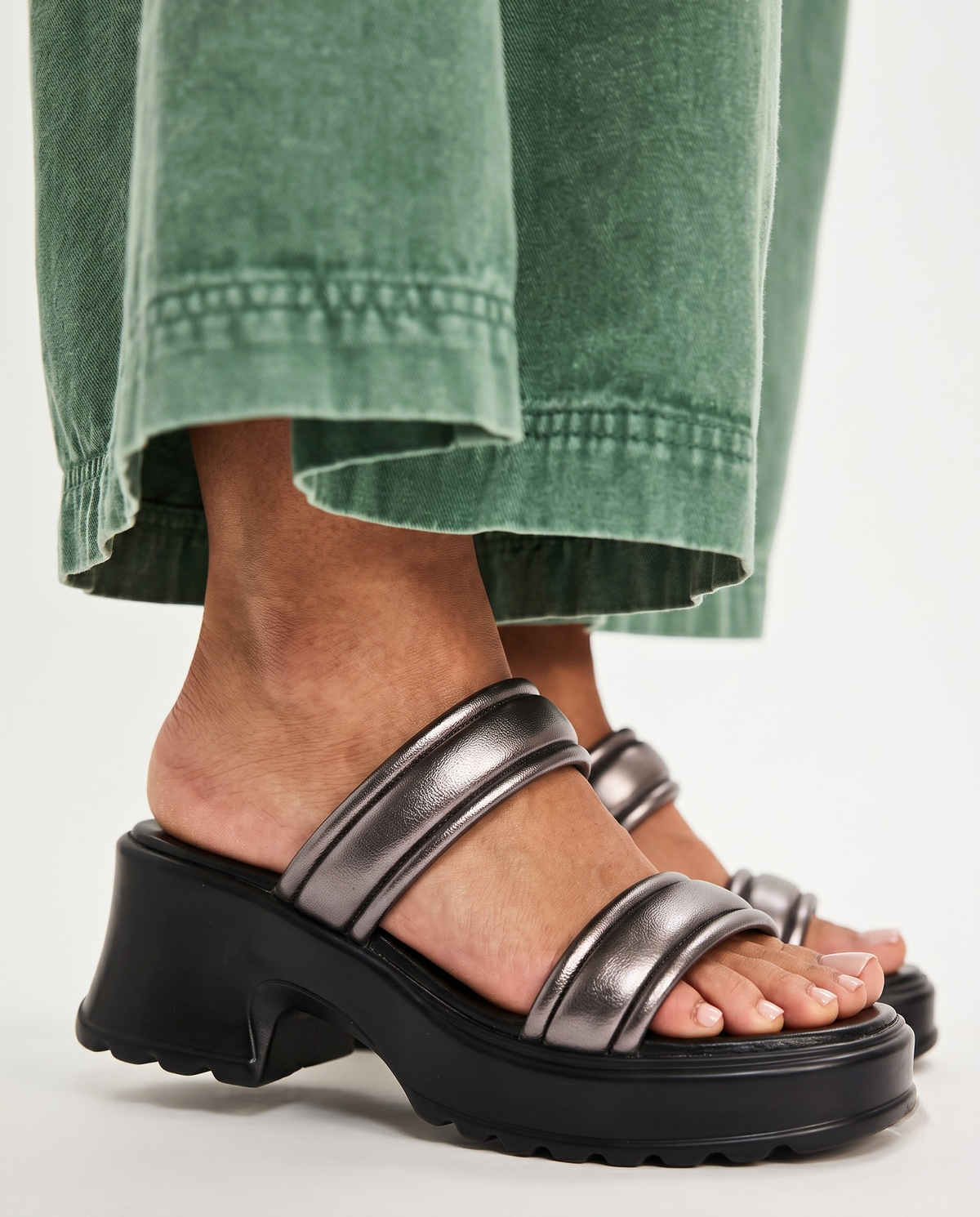 Gunmetal Padded Block Heel Slides B40 BK – block heels for ladies, Sawa.pk