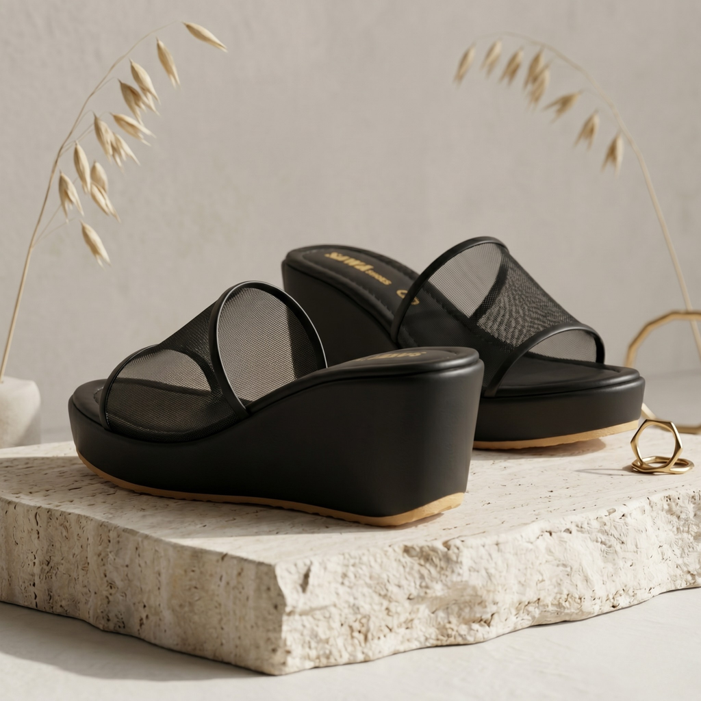 Mesh Strap Wedge Sandals 700bk
