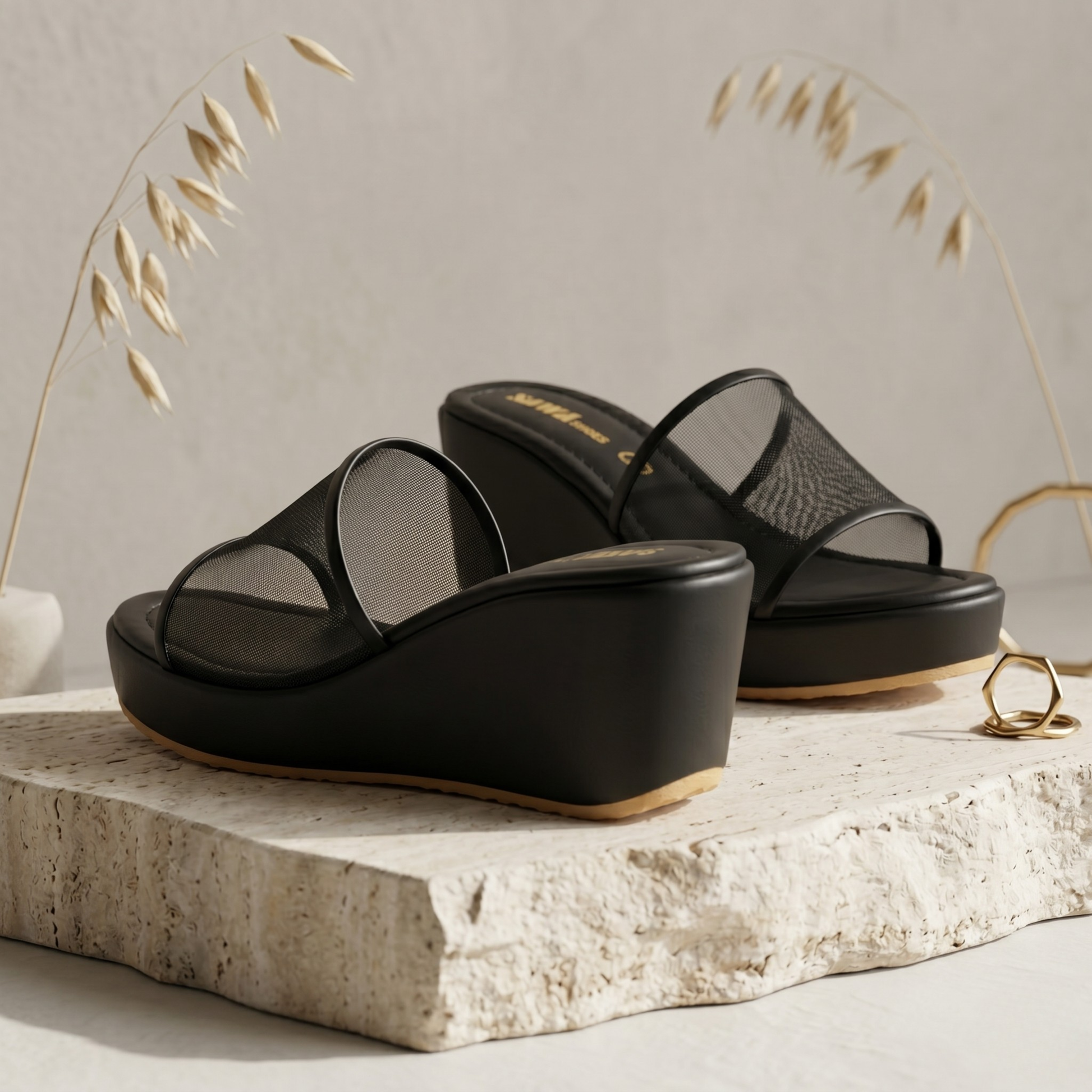 Mesh Strap Wedge Sandals 700bk