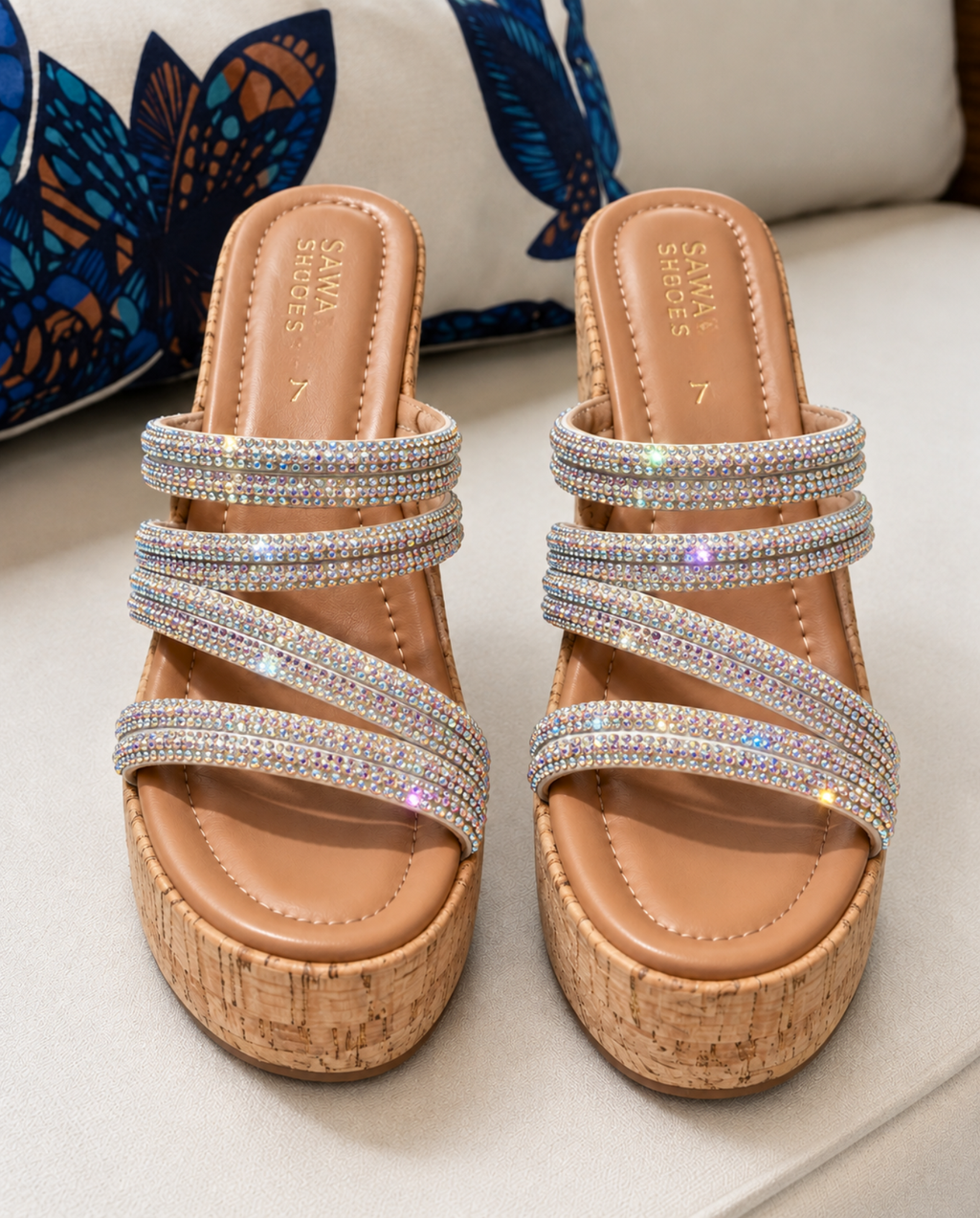 Rhinestone cork wedge slides W787
