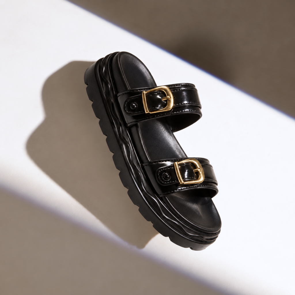 Black Buckle Comfort Slides Sft451