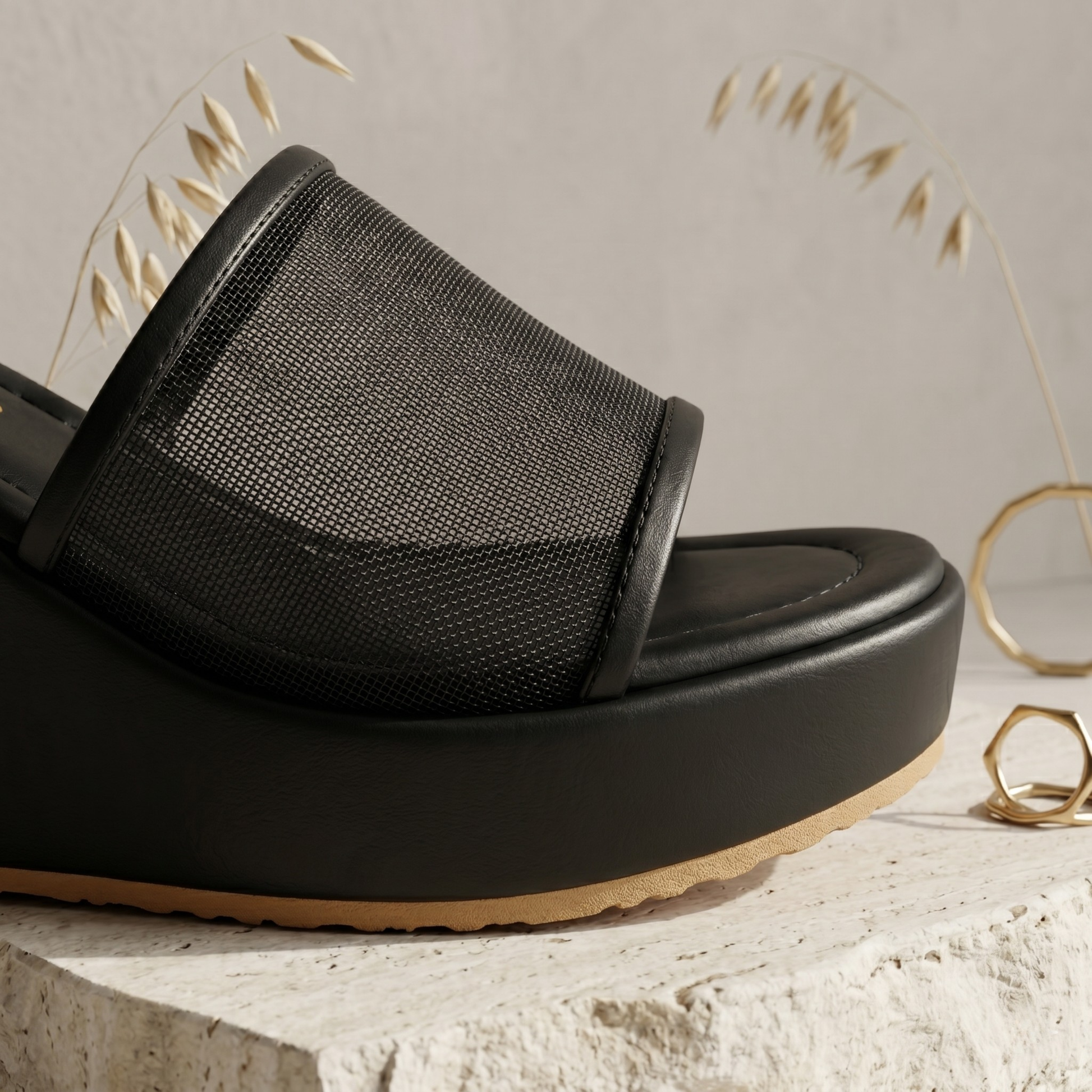 Mesh Strap Wedge Sandals 700bk